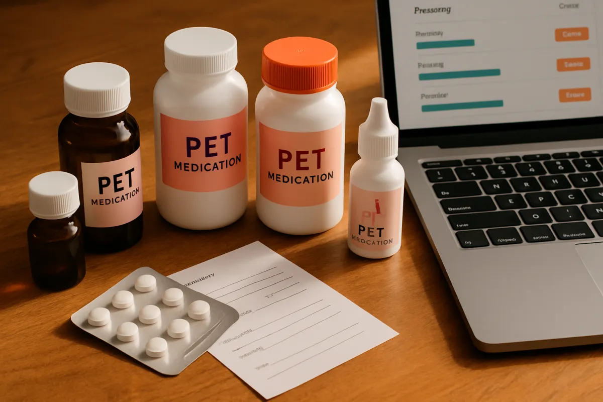 Assorted pet medication bottles, a generic pill blister pack, and a written prescription slip on a table beside a laptop showing a pharmacy price comparison in warm daylight