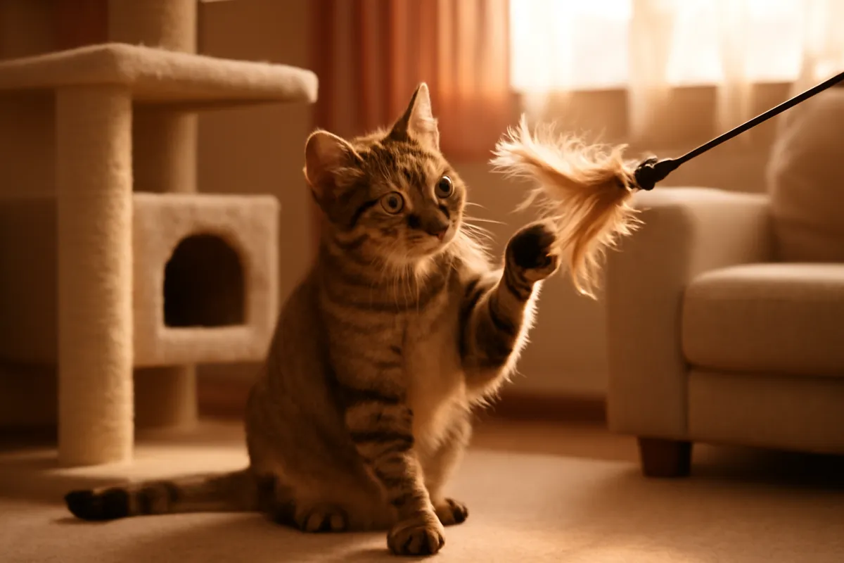A tabby cat sitting on a living room carpet, one paw raised to bat at a feather wand toy beside a cat tree