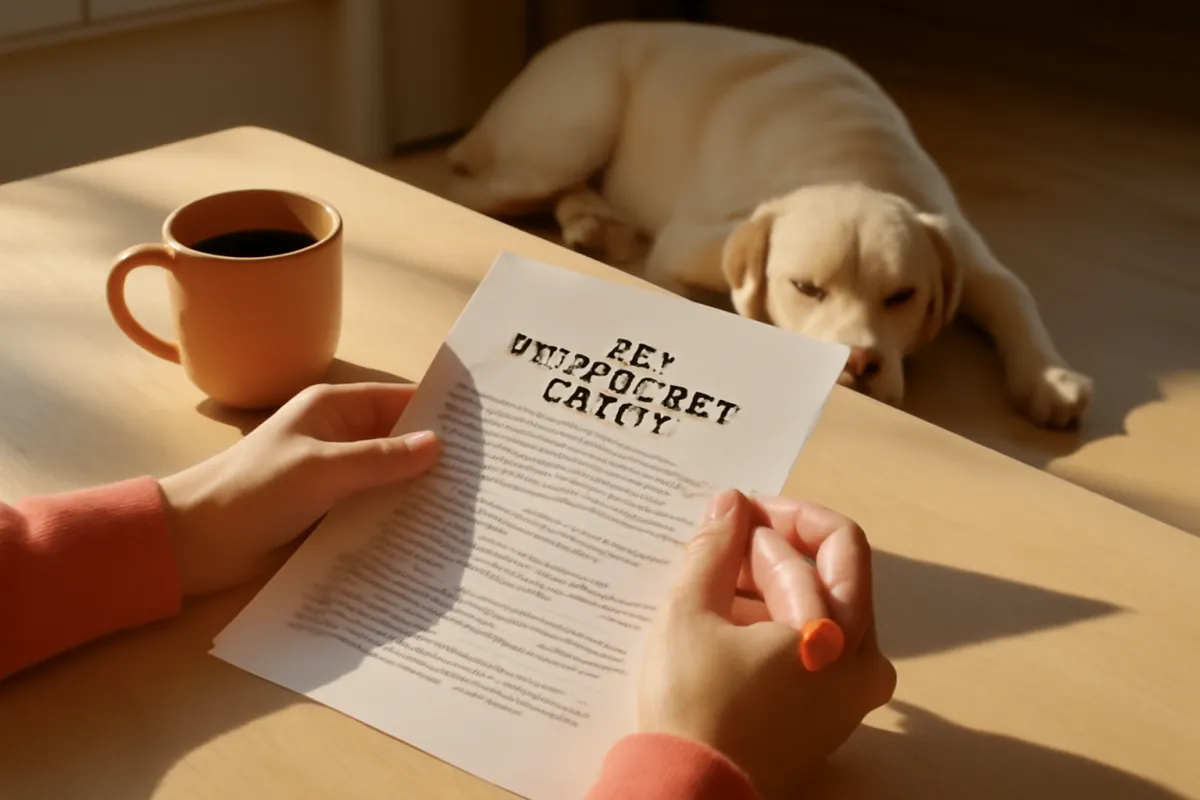 Hands at a kitchen table reading a printed pet insurance policy document with a highlighter, a calm dog resting nearby, in warm morning light