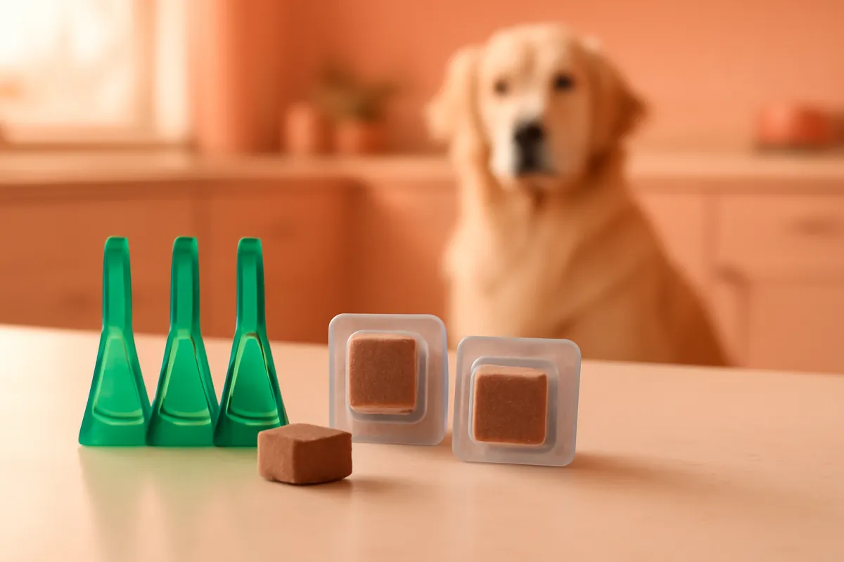 Monthly parasite prevention products, green spot-on pipettes and chewable tablets in blister packs, on a kitchen counter with a dog waiting behind