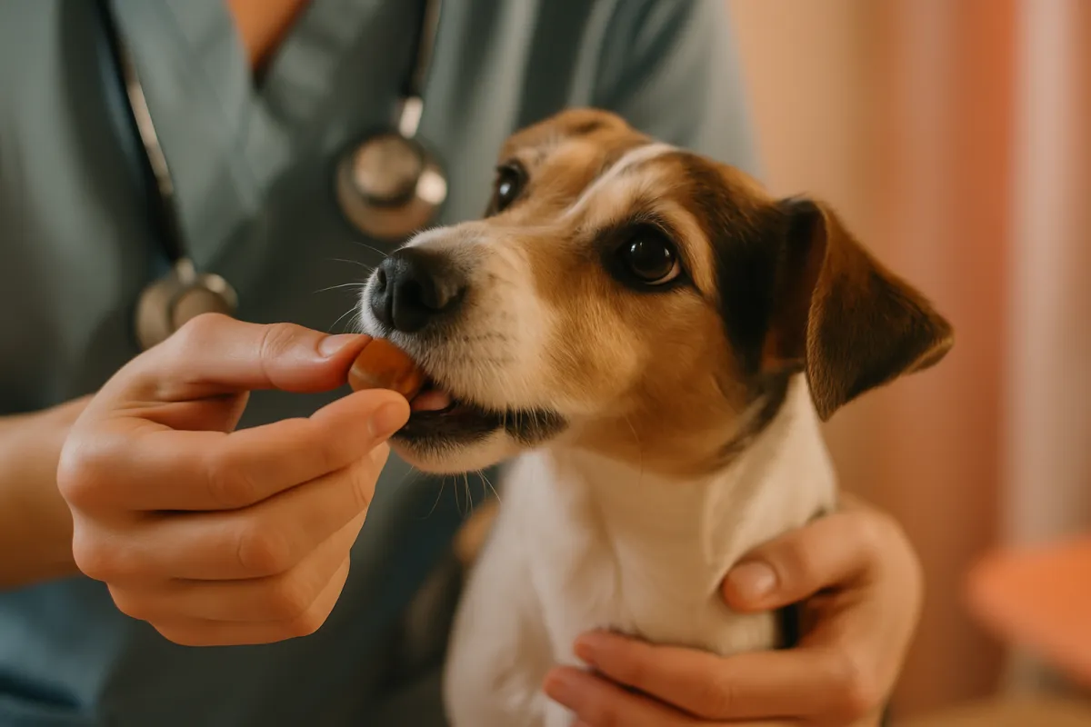 A veterinarian giving a small terrier a flavored preventive chewable during a routine visit in warm clinic light