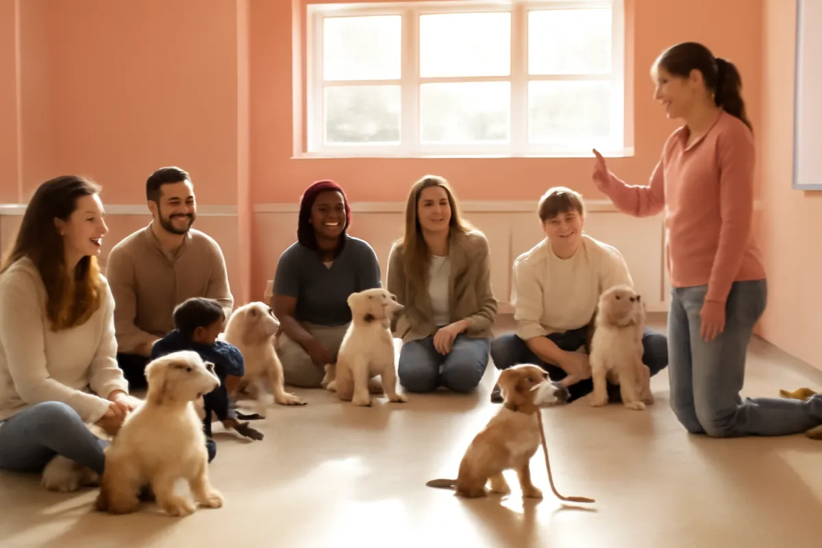 A group of people sitting on the floor of a bright room with several young dogs on leads, and a person standing at the front with a hand raised