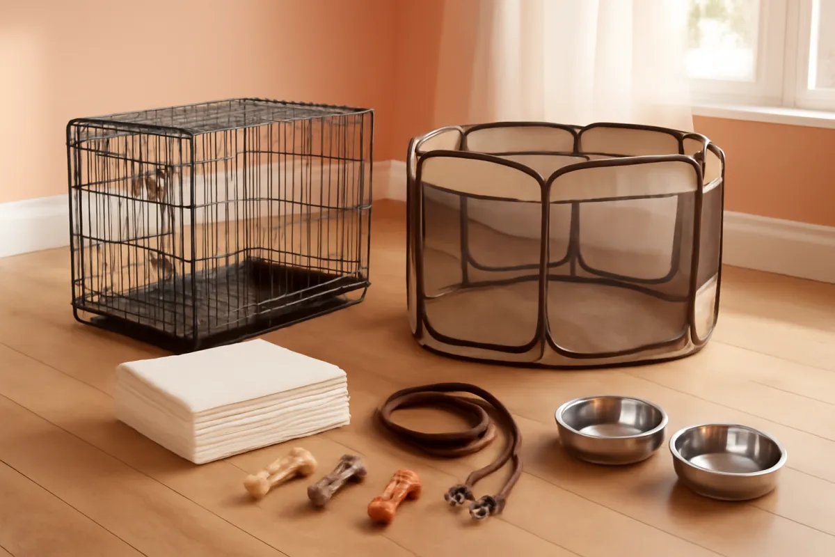 New puppy setup gear laid out on a floor including chew toys, a crate, a folding playpen, a collar and leash, and bowls