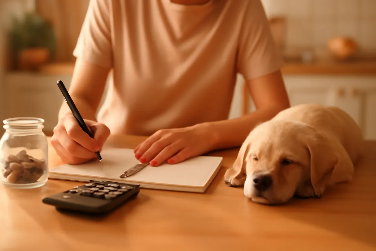 A person planning a monthly pet budget in a notebook with a calculator and a glass jar on a kitchen table, a calm Labrador resting beside them