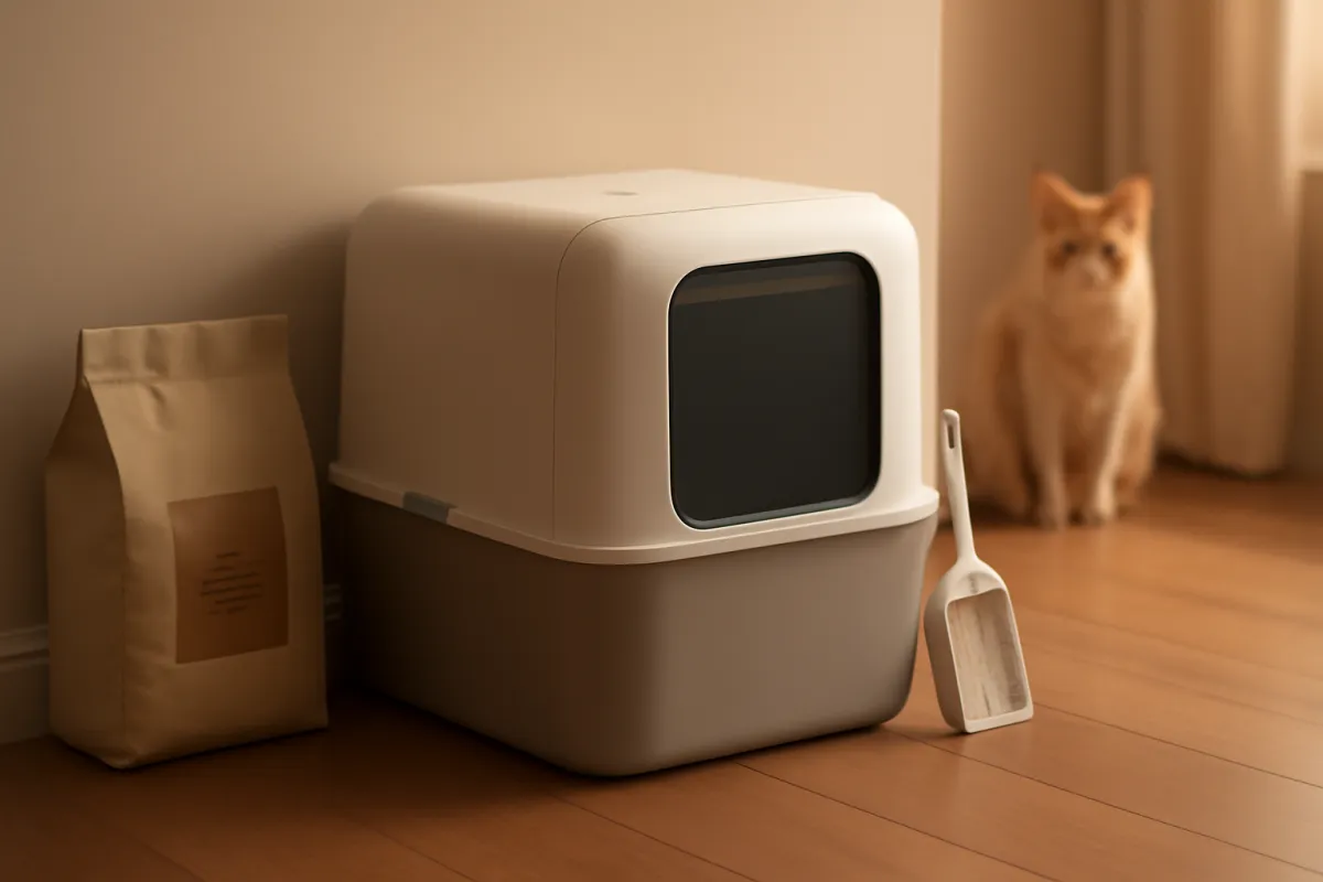 A clean covered litter box in a tidy corner of a home with a bag of litter and a scoop beside it and a ginger cat watching from behind
