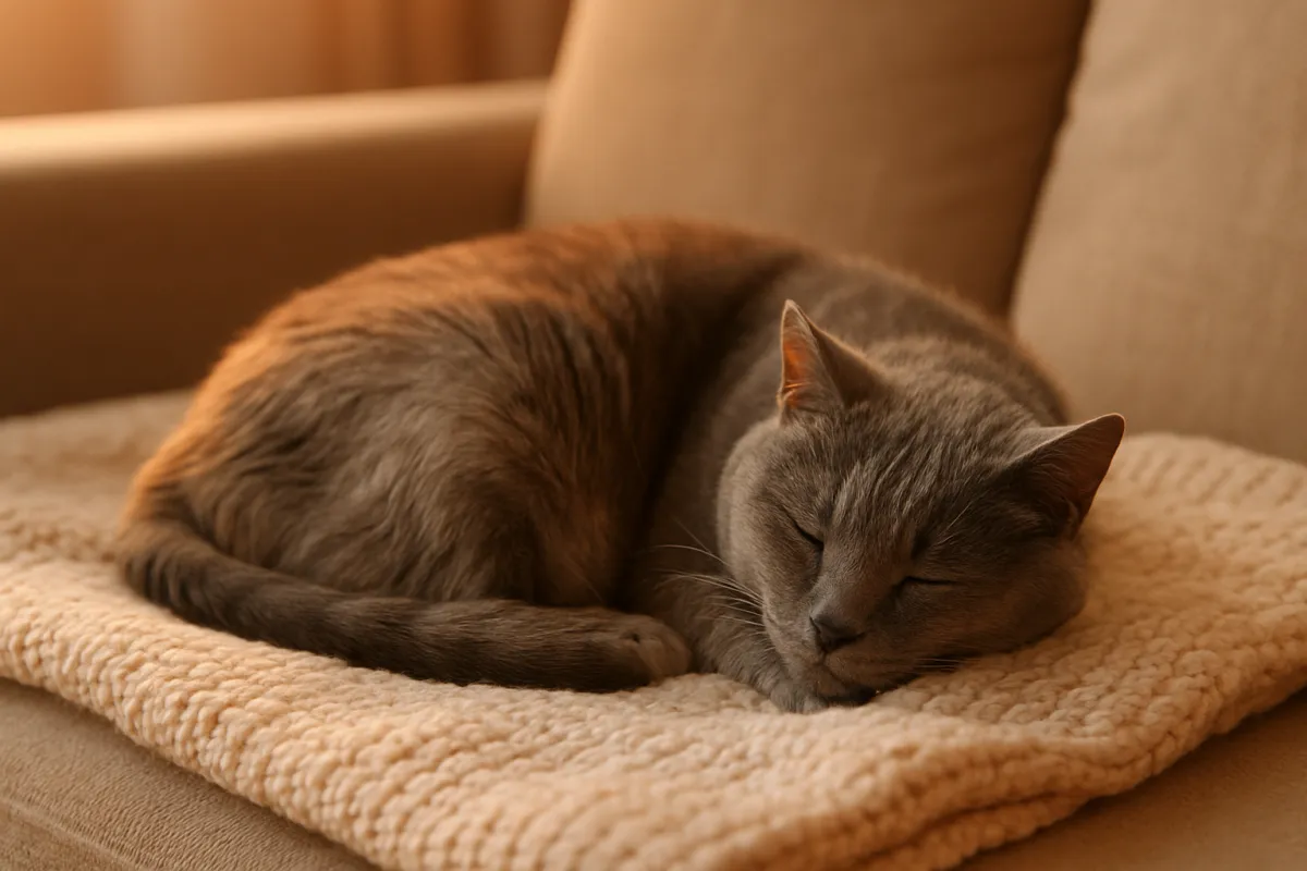 A senior gray cat sleeping curled on a soft knitted blanket in warm evening light