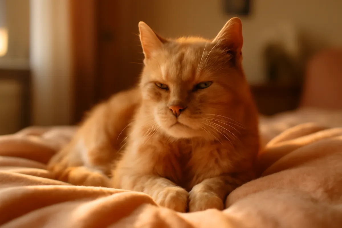 A senior cat resting peacefully on a soft blanket in warm afternoon light at home