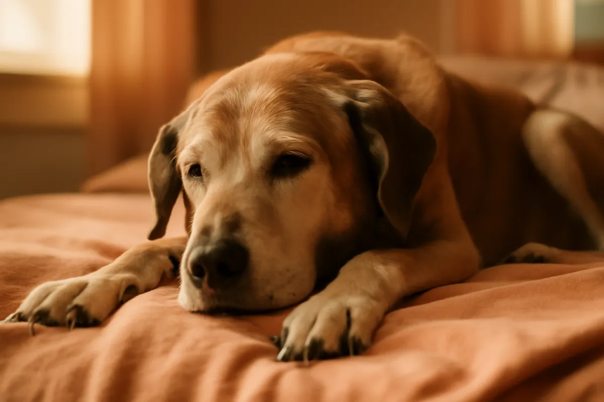 A large tan short-coated dog with a greying muzzle lying on a soft blanket indoors with its head resting on its paws