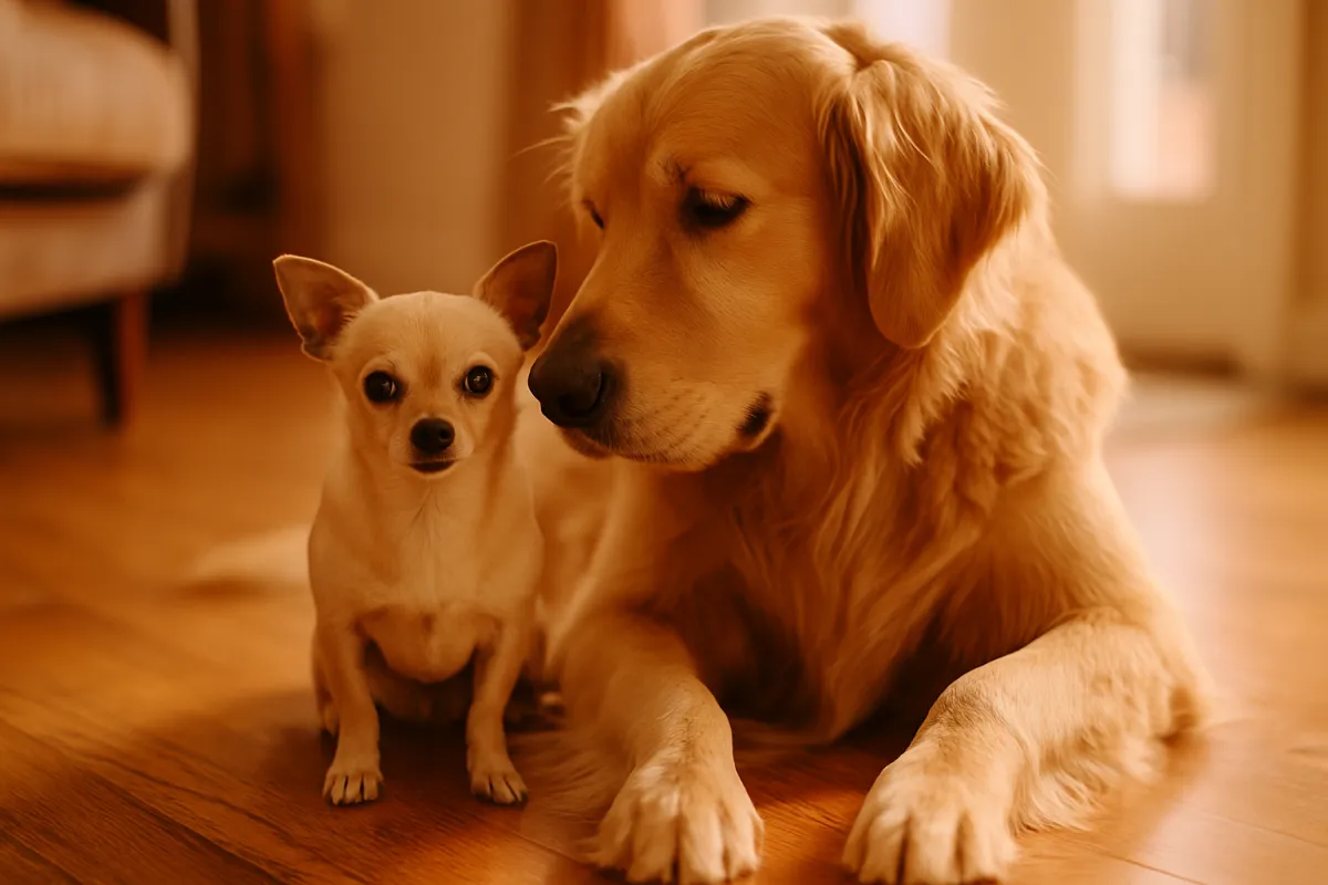 A small pale short-coated dog sitting beside a much larger long-coated golden dog lying on a wood floor indoors