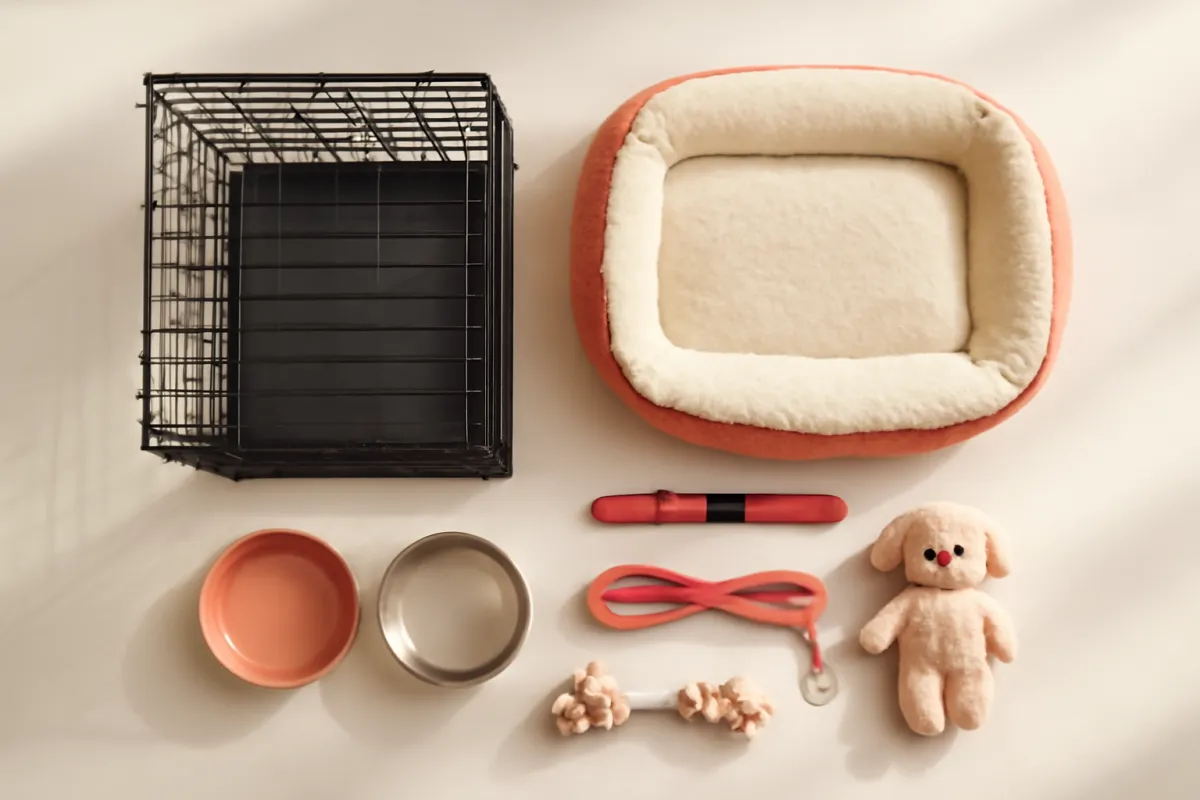 A neat flat-lay of new puppy supplies on a light floor including a crate, a plush bed, food and water bowls, a collar and leash, and toys in warm natural light