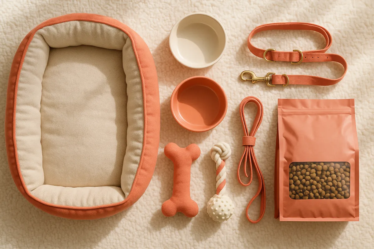 A flat lay on a cream blanket of a padded pet bed, two bowls, a collar and matching lead, a rope toy, a bone-shaped toy, and a pouch of dry food