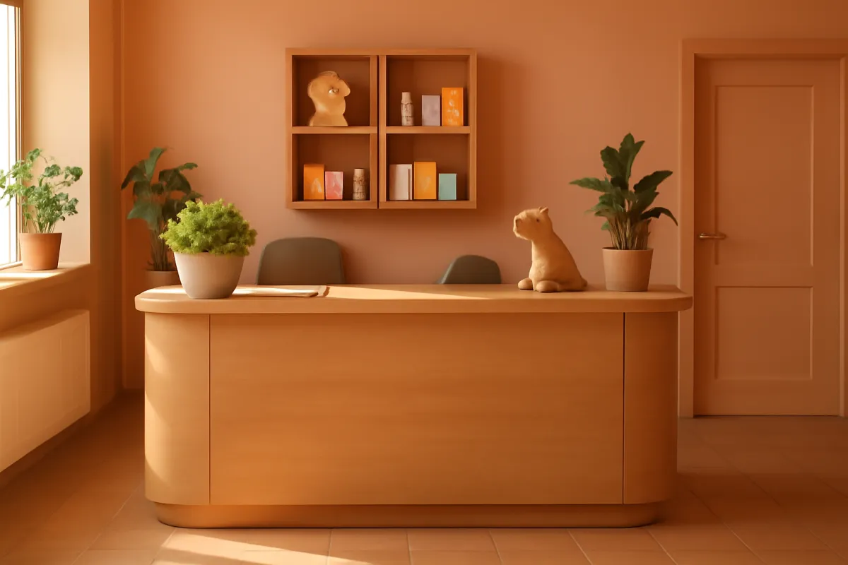 The quiet, tidy front desk and reception area of an empty veterinary clinic in warm daylight