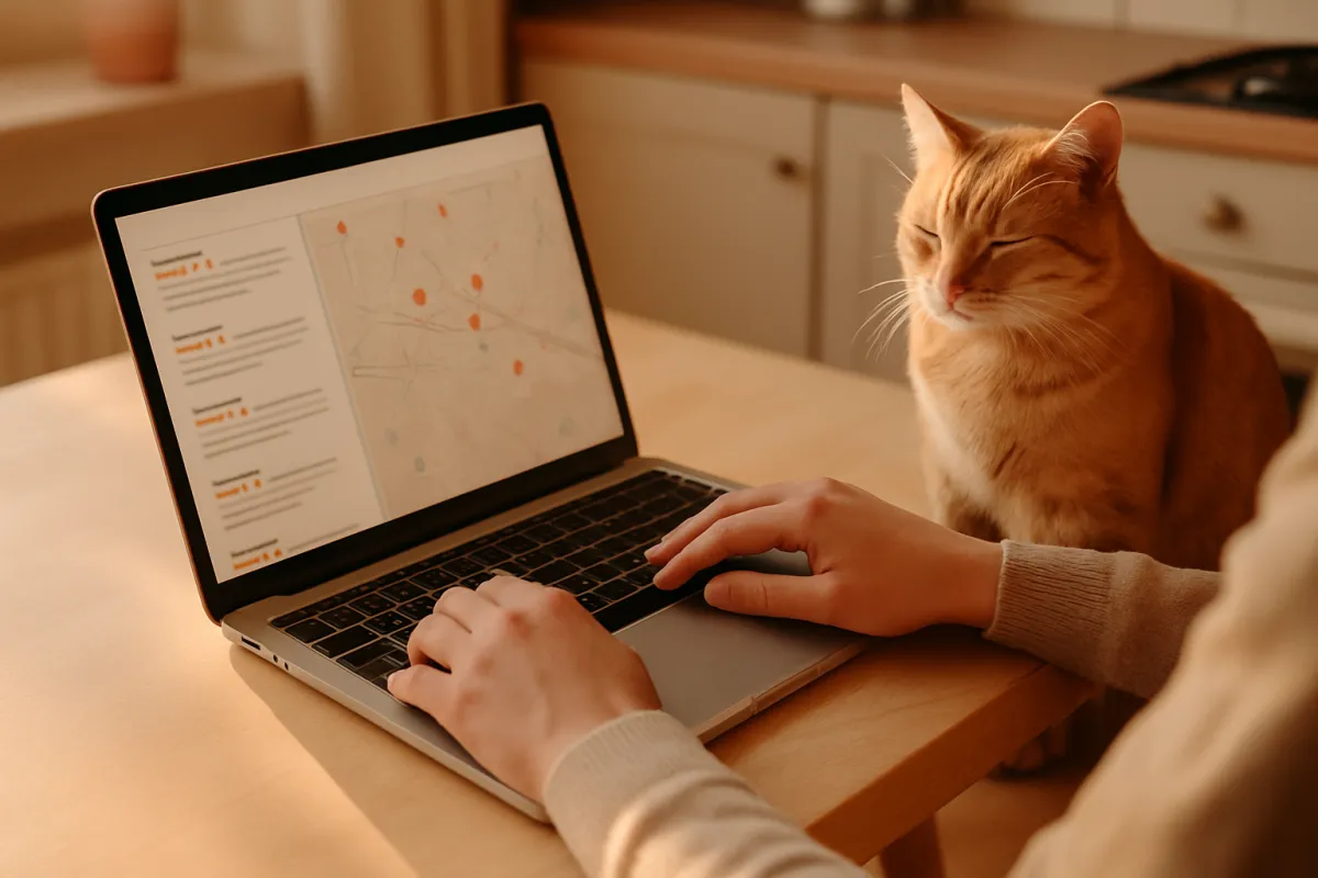 A person reading online reviews and a map of nearby veterinary clinics on a laptop at a kitchen table with a calm cat beside them, in warm daylight