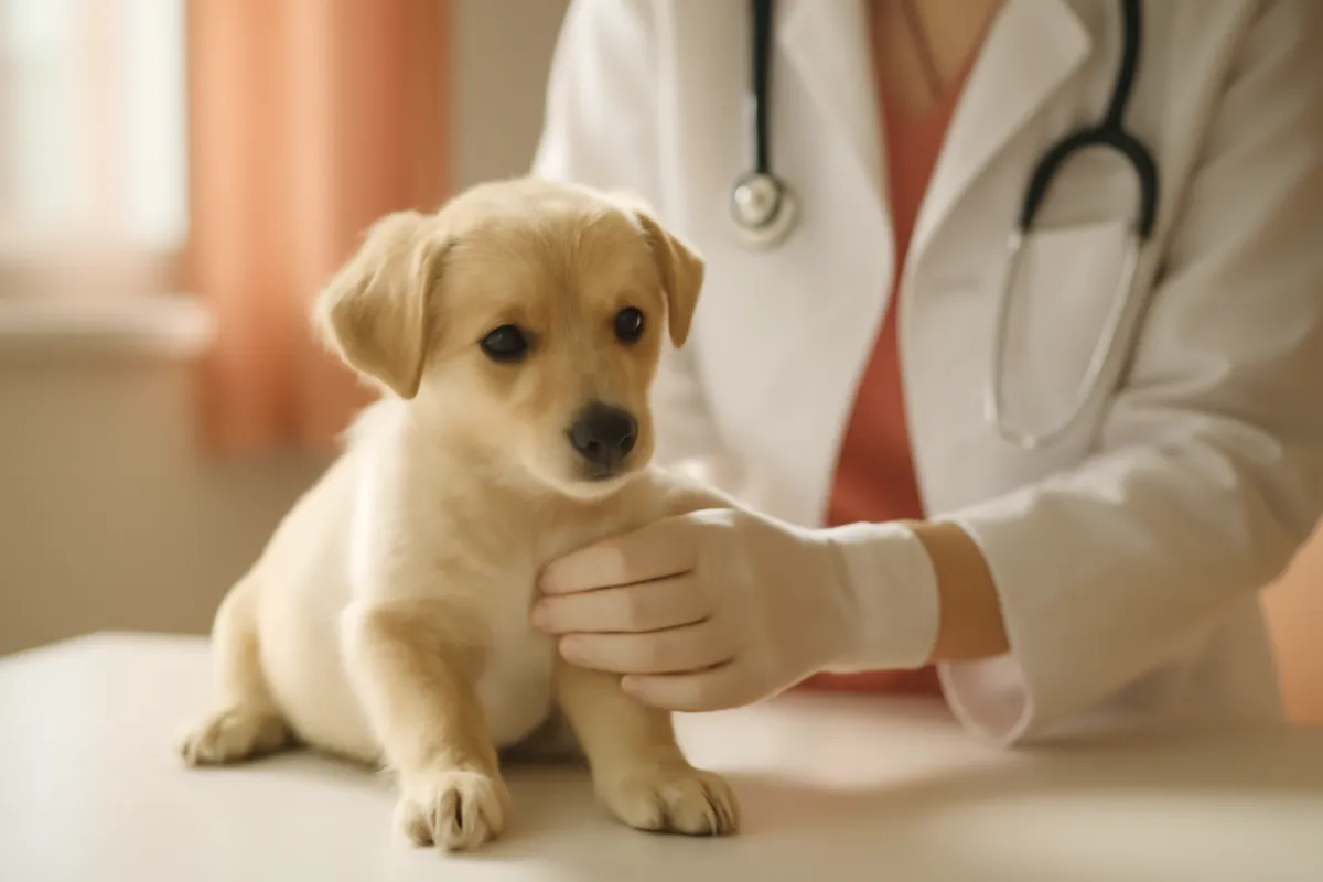 A veterinarian gently steadying a small cream puppy on an exam table in a bright clinic