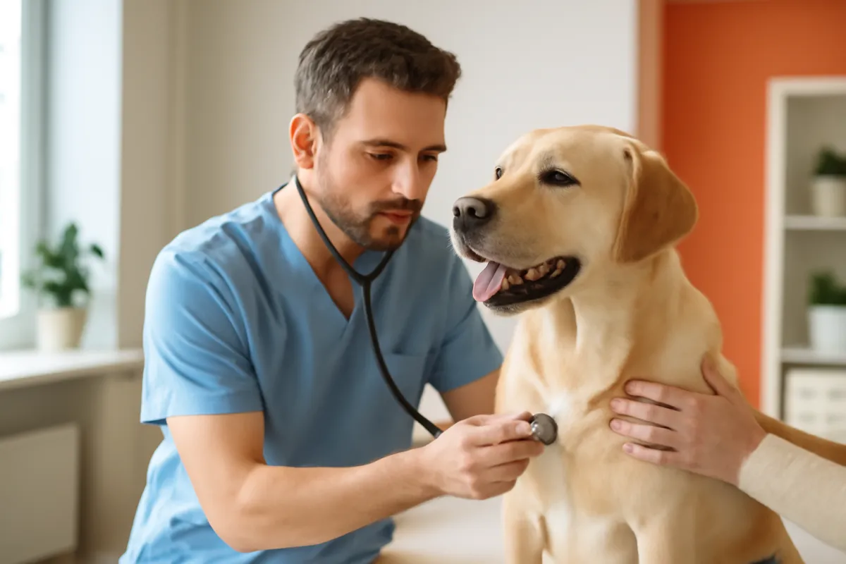 A veterinarian gently examining a calm dog during a routine vaccination and wellness visit in a bright clinic