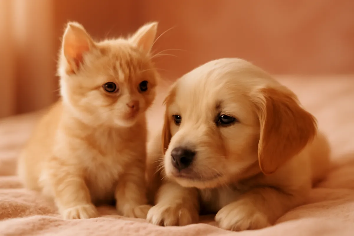 A golden puppy and a ginger kitten sitting together on a soft blanket at home in warm light