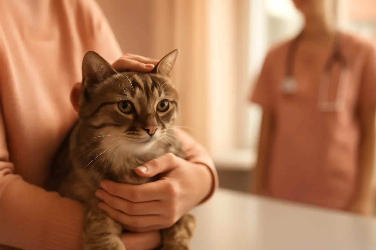 A calm cat held gently by a caring owner at a veterinary clinic in warm natural light