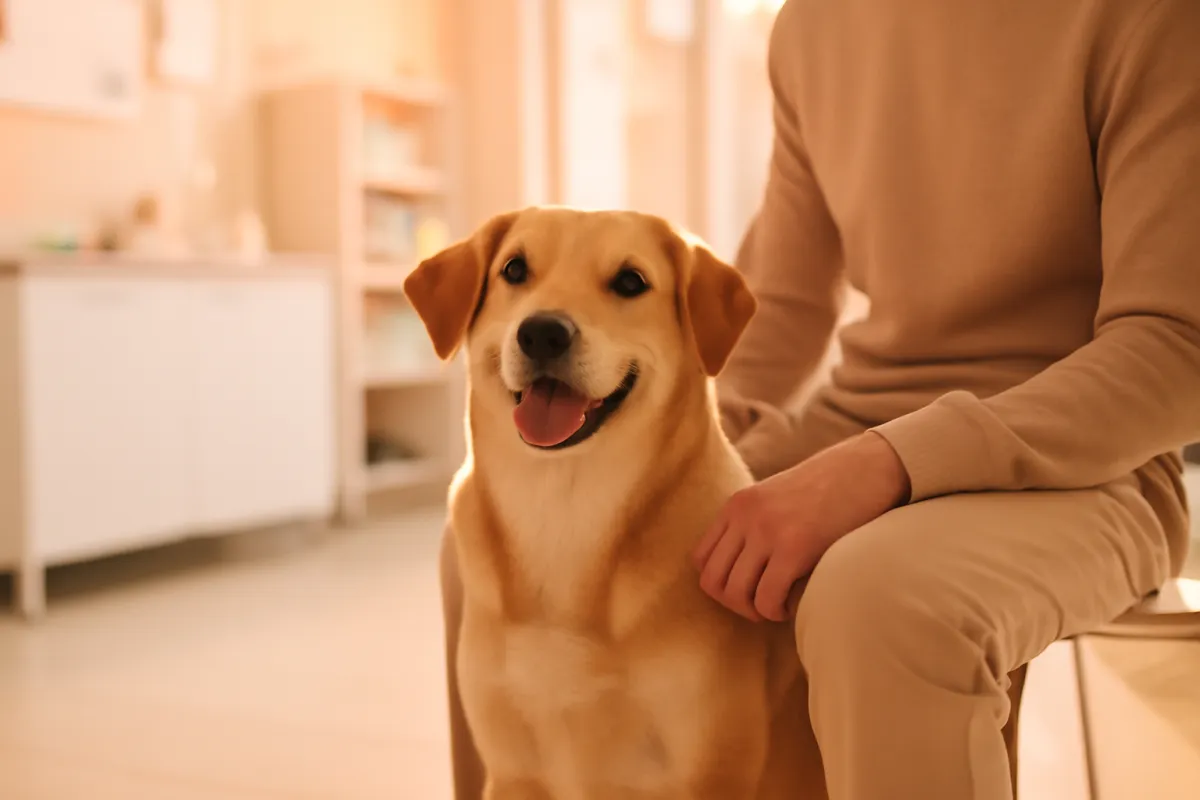 A happy dog sitting calmly beside its owner at a veterinary clinic in warm natural light