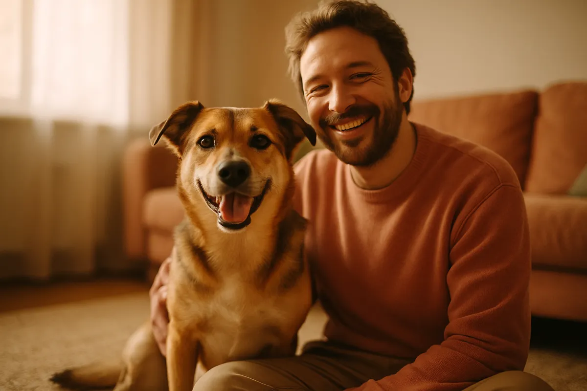 A tan and black shepherd type mixed breed dog sitting beside its owner in a living room