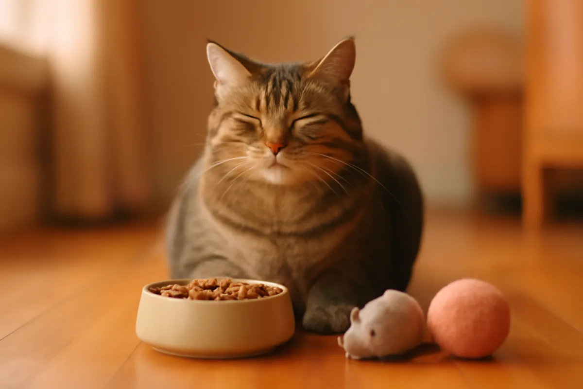 A content indoor cat sitting on a wooden floor beside a full food bowl and a couple of soft toys in warm afternoon light