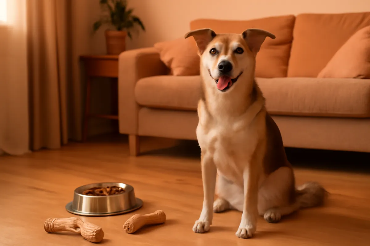 A red and tan mixed breed dog sitting beside a full food bowl in a warmly lit living room