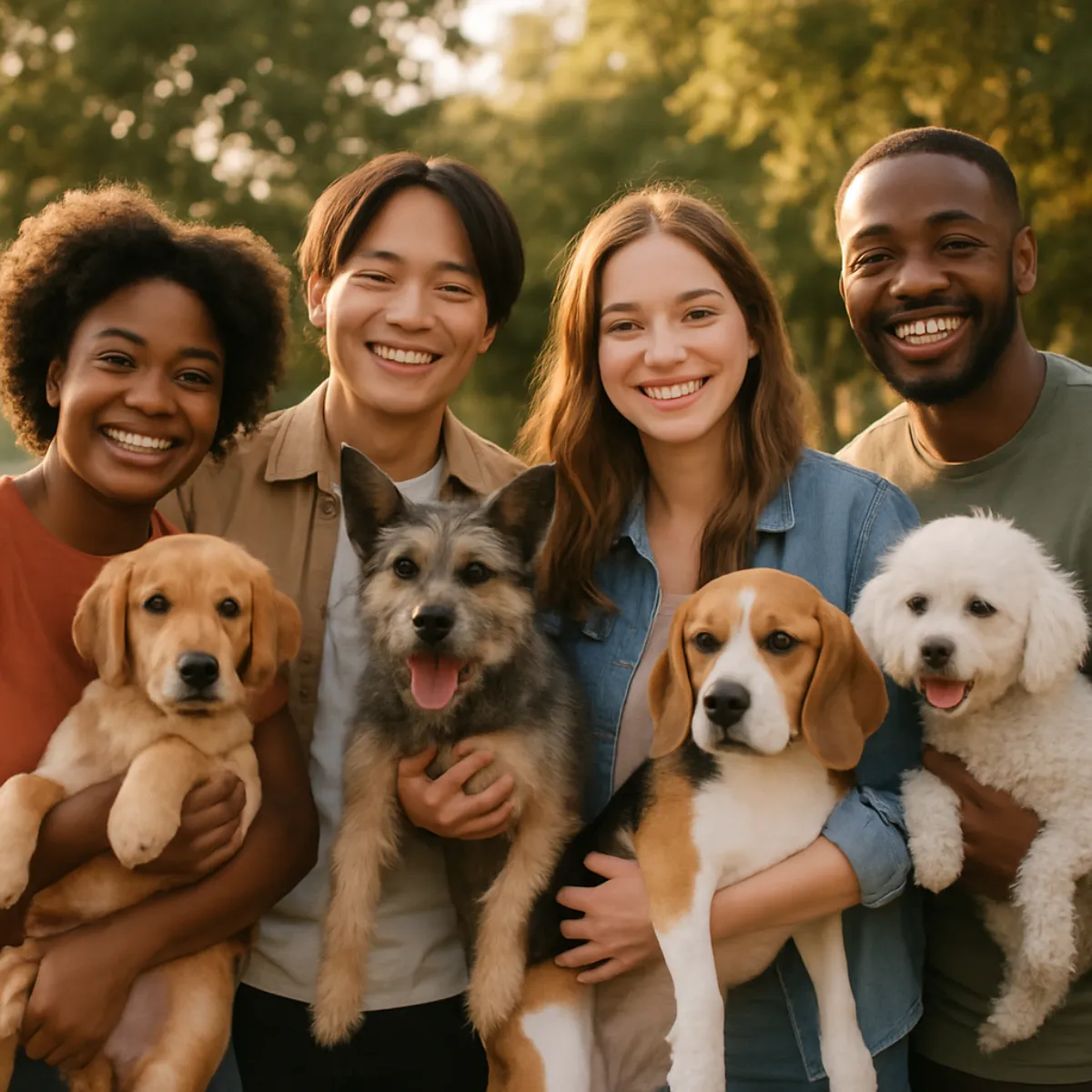 Four smiling owners outdoors, each holding a friendly well-socialized dog of a different breed