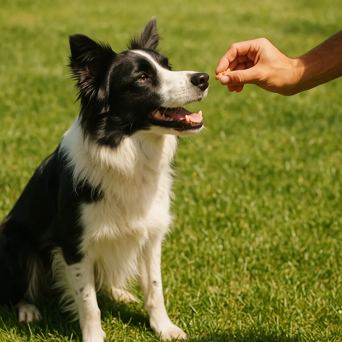 A black and white Border Collie sitting attentively on grass and taking a treat from a trainer's hand during a reward-based session