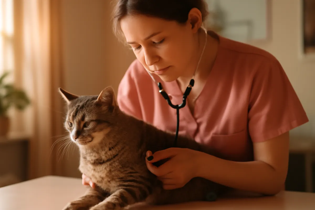 A veterinarian gently examining a calm golden dog in a bright clinic