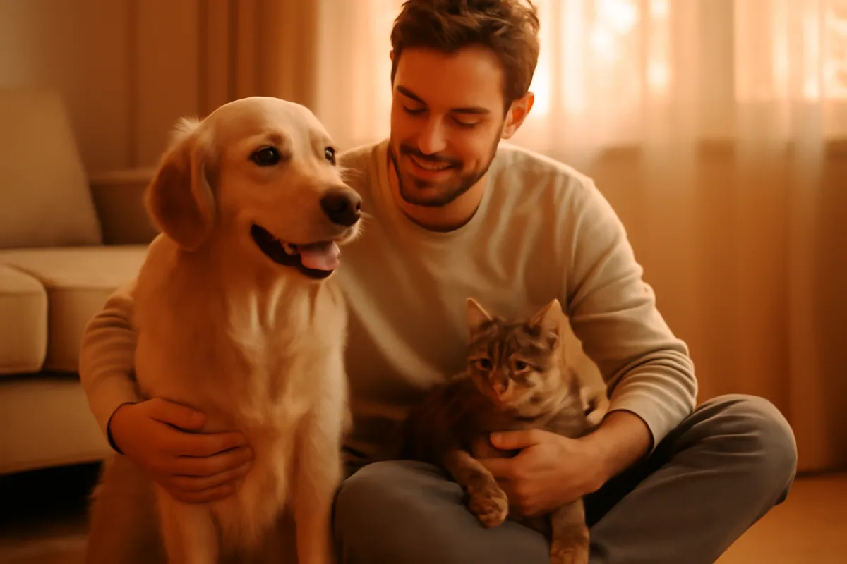 A caring owner sitting on the floor with a dog and a cat together in a warm, sunlit living room