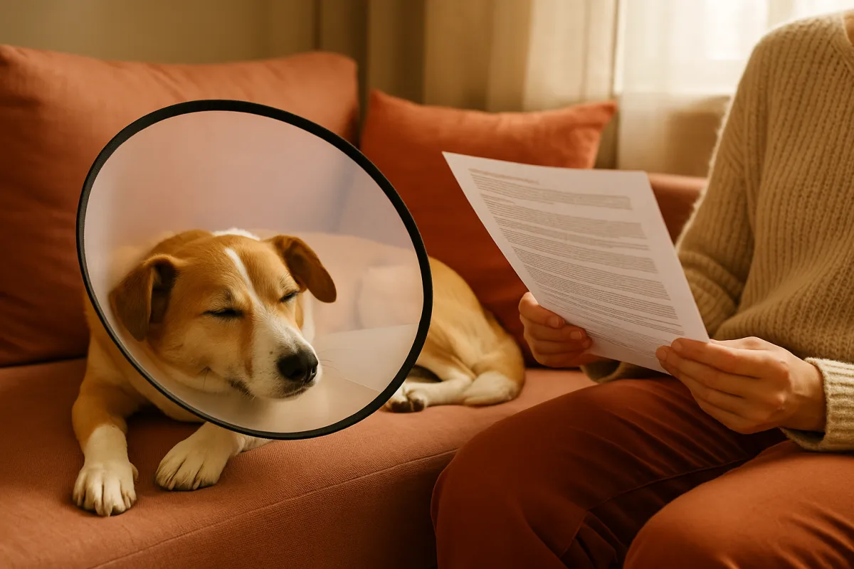 A dog resting in a recovery cone while its owner reads an insurance document