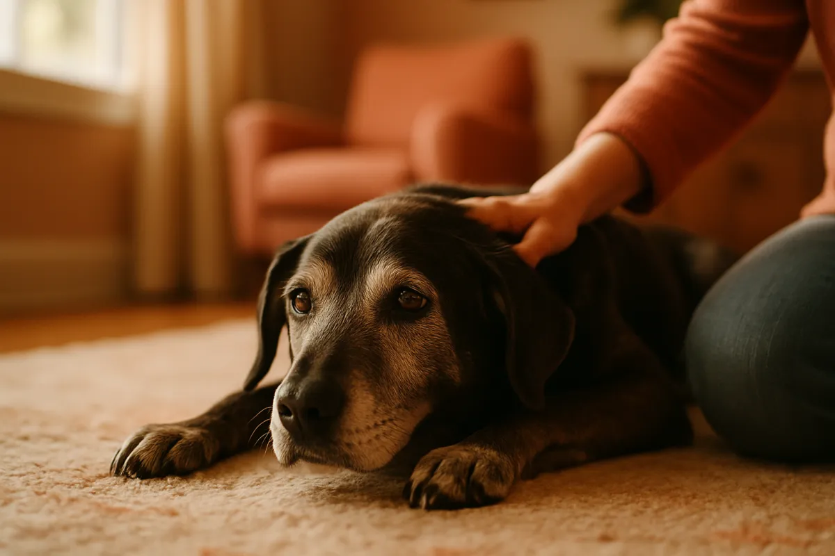 A person's hand resting gently on the back of a dark, grey-muzzled dog lying on a carpet