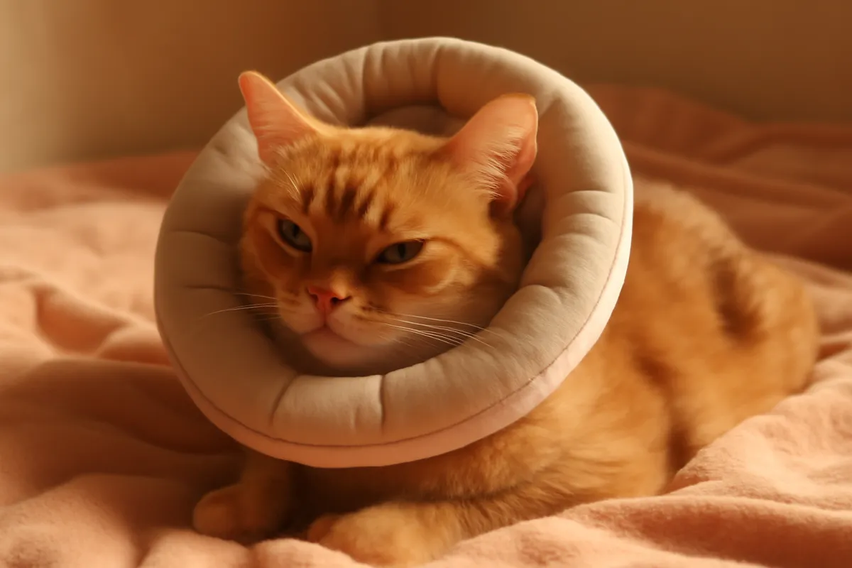 A calm cat resting on a soft blanket in warm light while recovering after routine surgery