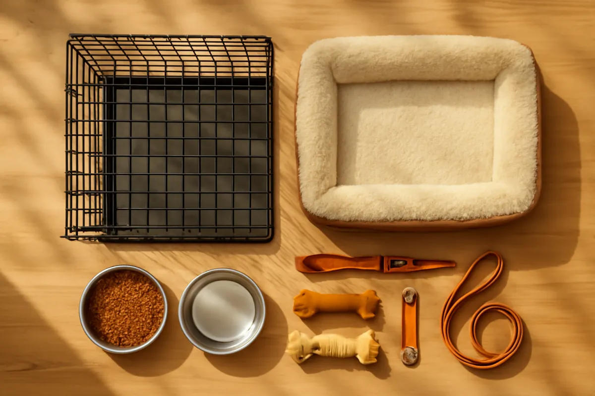 A flatlay of a wire dog crate, a plush bed, two metal bowls, chew toys and a leash arranged on a wooden floor